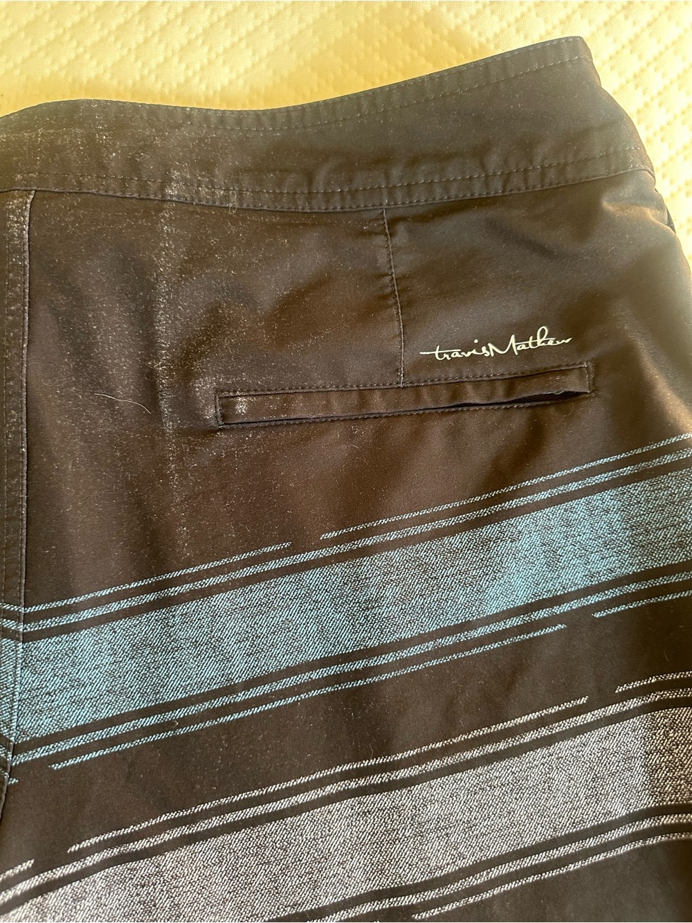 TravisMathew Black Swim Board Shorts with Gray Stripes